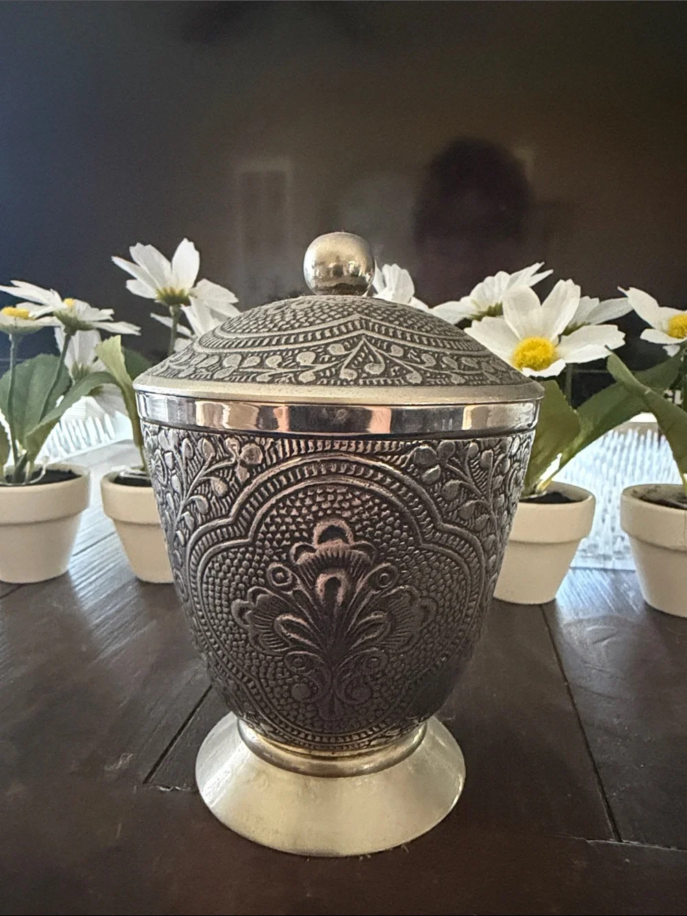 Ornate Embossed Lidded Vase in Antique Silver Tone
